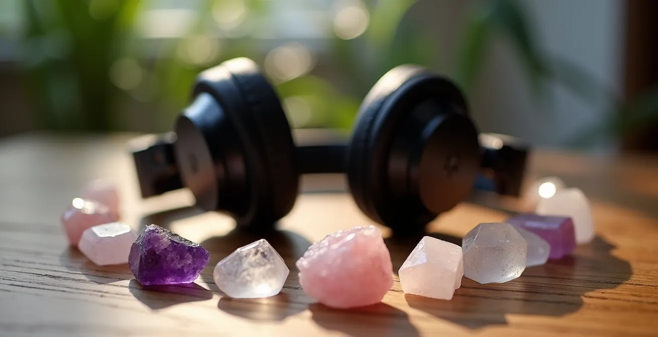 Cristaux disposés harmonieusement autour d'un casque audio moderne sur surface bois