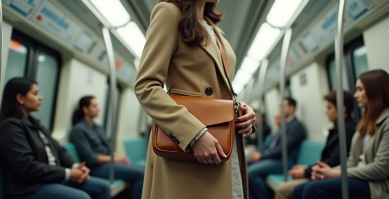 Femme dans le métro portant un sac bandoulière en position ventrale protectrice