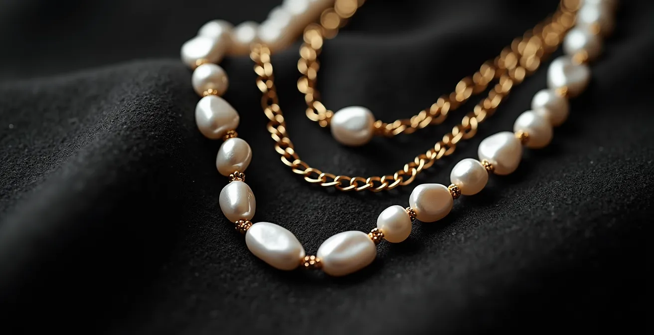 Superposition moderne de colliers incluant un sautoir de perles baroques avec chaînes métalliques