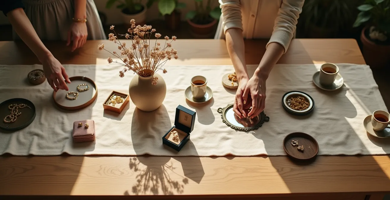 Table élégamment dressée pour une soirée d'échange de bijoux entre amies