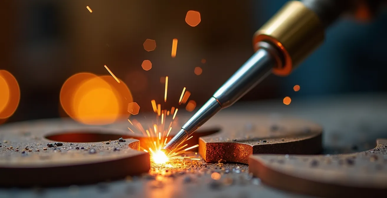 Restaurateur professionnel effectuant une soudure TIG sur une sculpture en bronze dans un atelier spécialisé