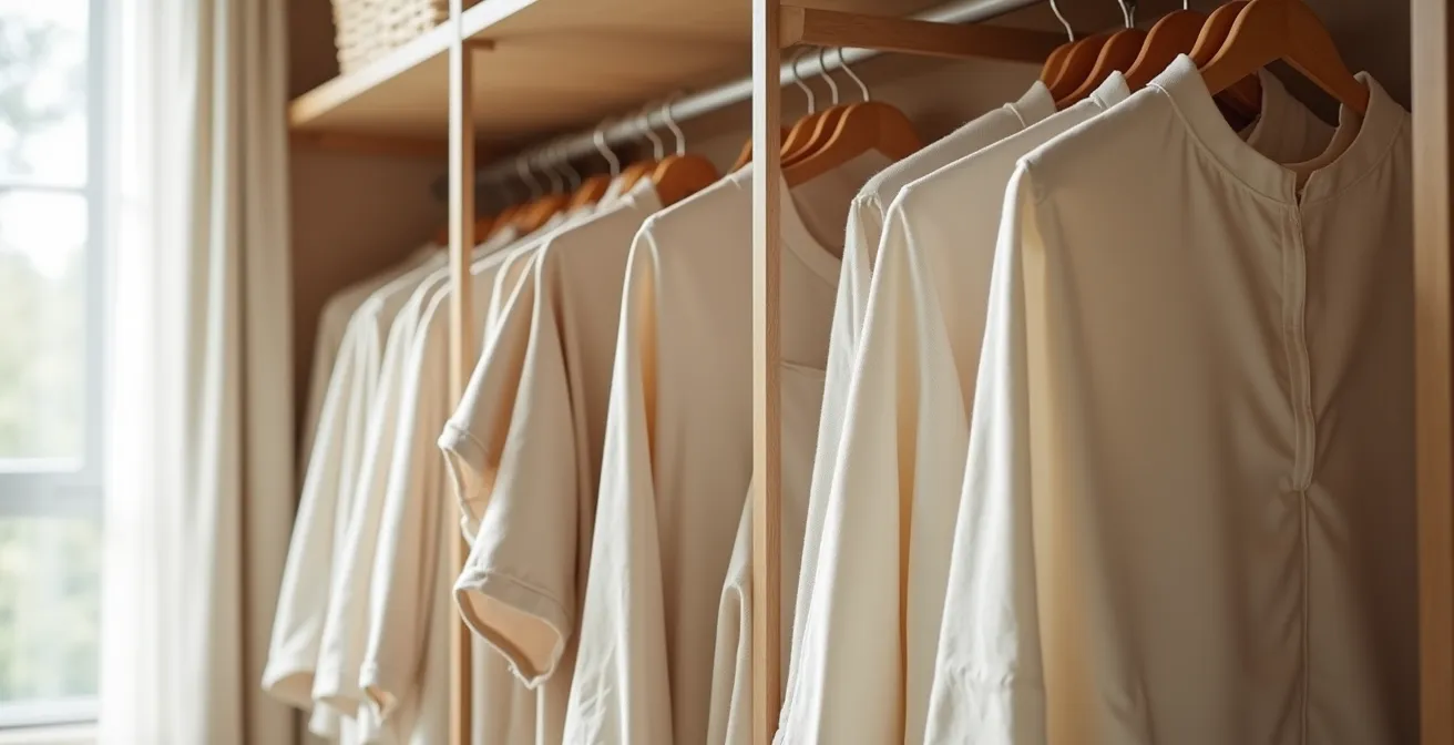 Vêtements en laine rangés dans des housses en coton naturel