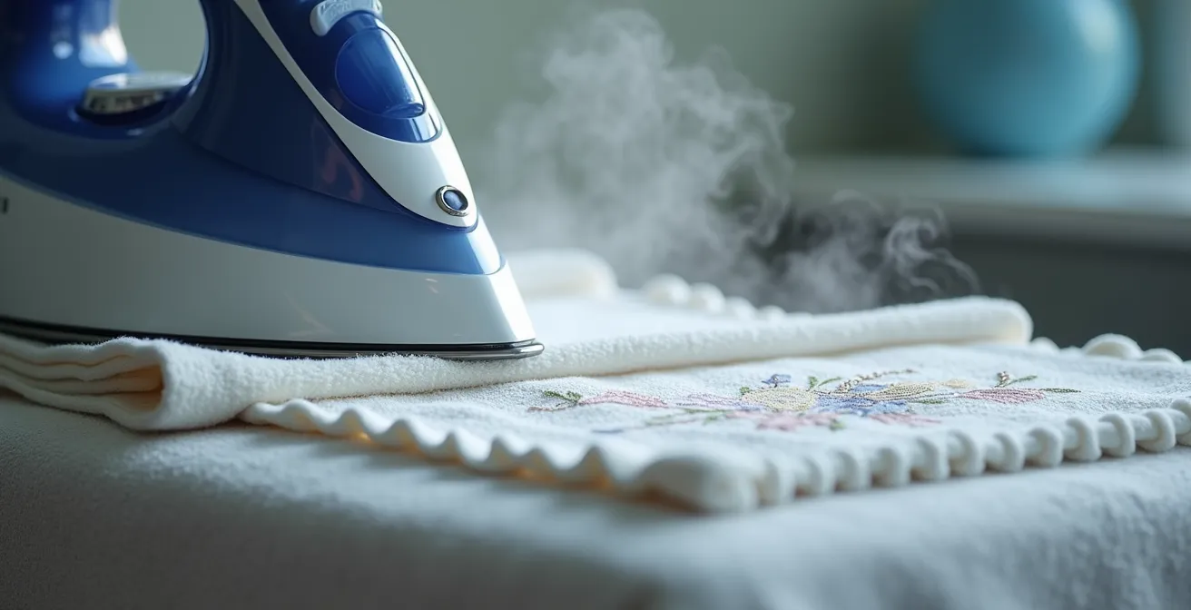 Gros plan sur une main tenant un fer à repasser au-dessus d'une broderie protégée par une serviette éponge épaisse
