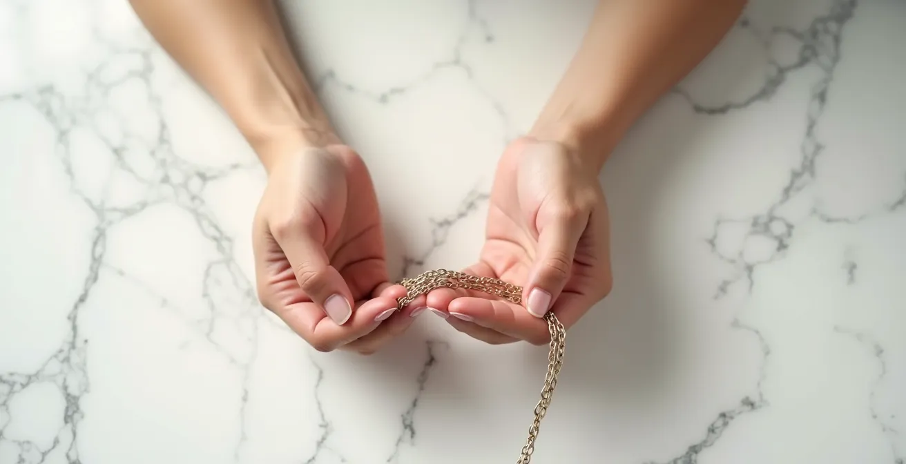 Mains féminines enroulant délicatement un sautoir fin pour créer un bracelet multi-rangs