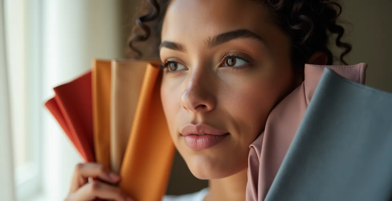 Femme tenant différents tissus colorés près de son visage devant un miroir dans une lumière naturelle douce