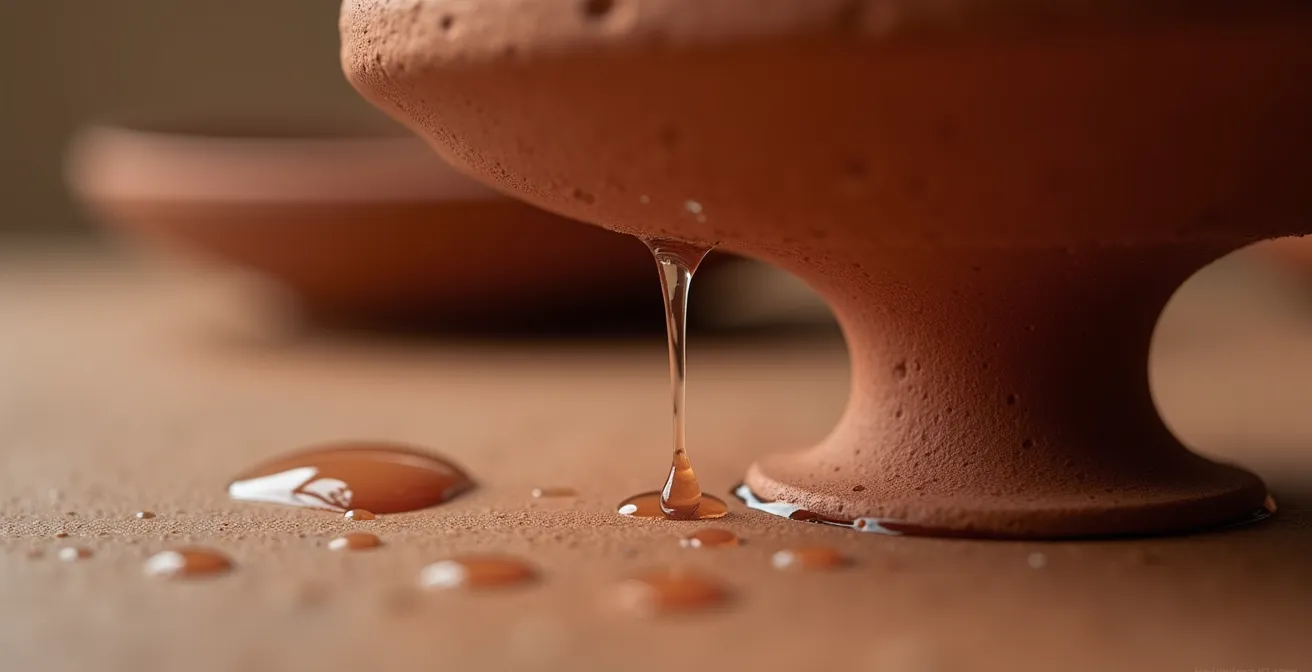 Test de porosité sur céramique avec goutte d'eau en macro