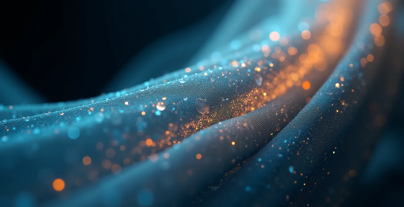 Détail macro de fibres de soie naturelle montrant la texture brillante et irisée