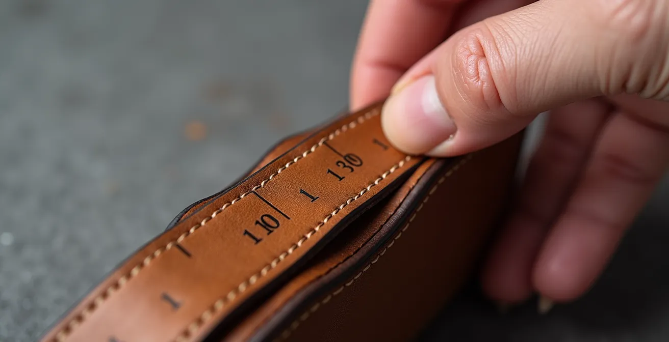 Gros plan sur une main mesurant la largeur d'une bretelle de sac avec trois doigts
