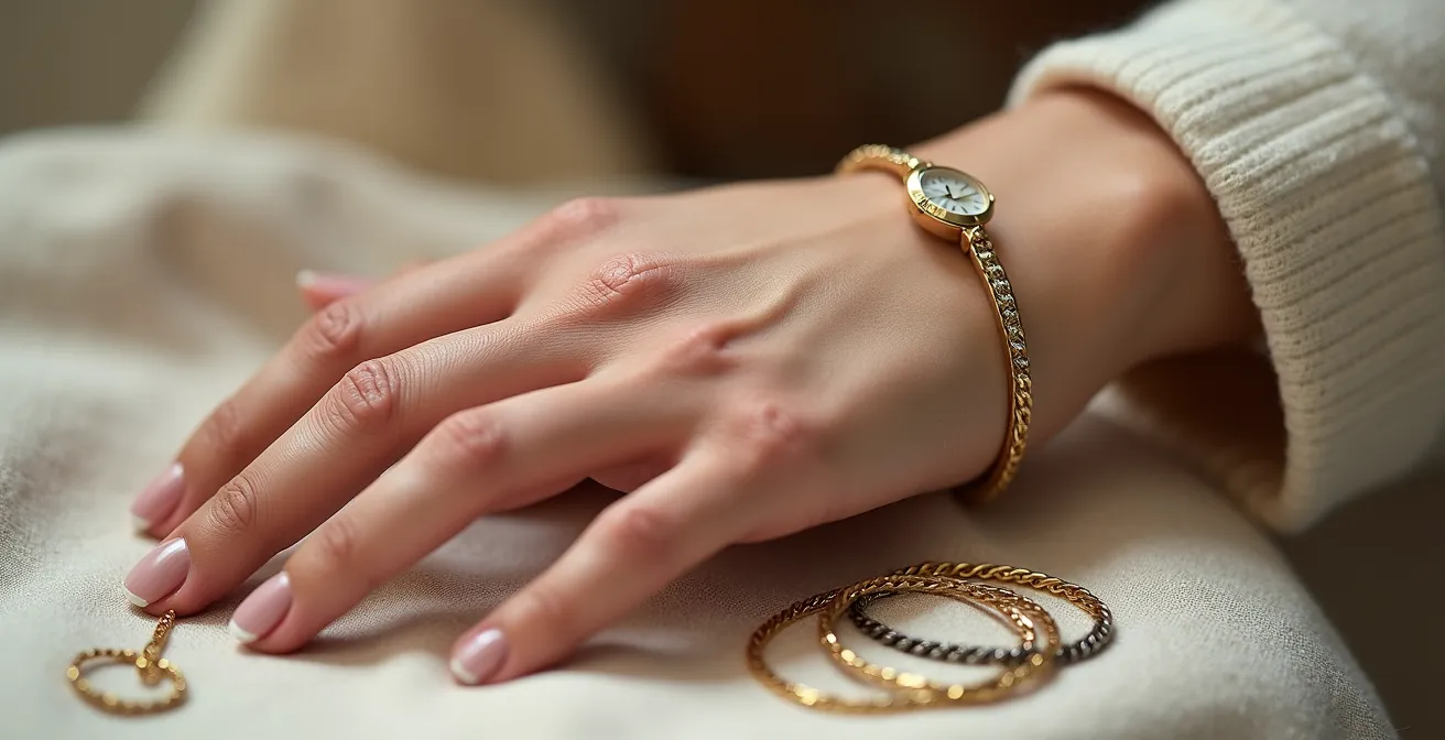 Gros plan sur un poignet féminin sous lumière naturelle montrant les veines pour déterminer le sous-ton de peau