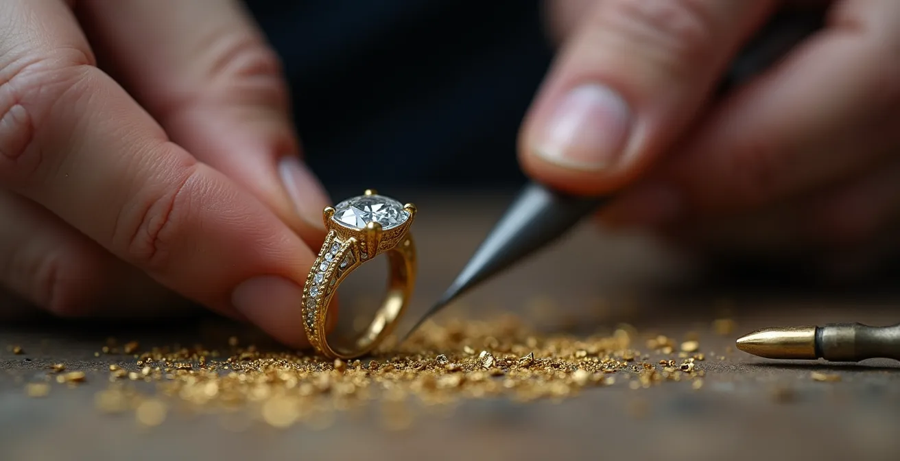 Mains d'artisan joaillier travaillant sur une bague ancienne avec outils traditionnels