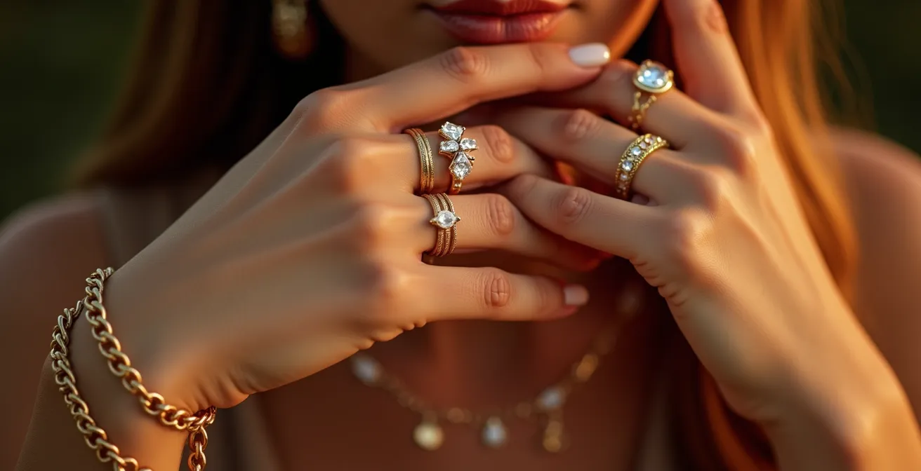 Mains féminines montrant la technique du stacking avec plusieurs bagues et bracelets dorés superposés