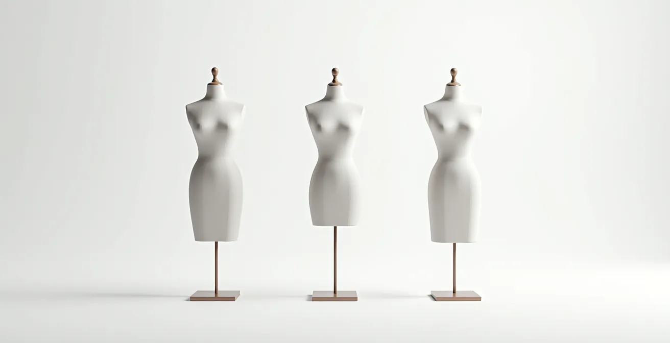 Trois silhouettes de robes (empire, fourreau, A-line) avec les zones de mesure critiques mises en évidence.