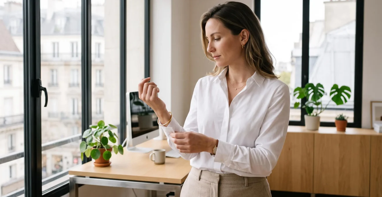 Femme professionnelle dans bureau contemporain ajustant sa manchette, portant trois bijoux minimalistes dorés : créoles fines, collier chaîne délicate et bracelet jonc