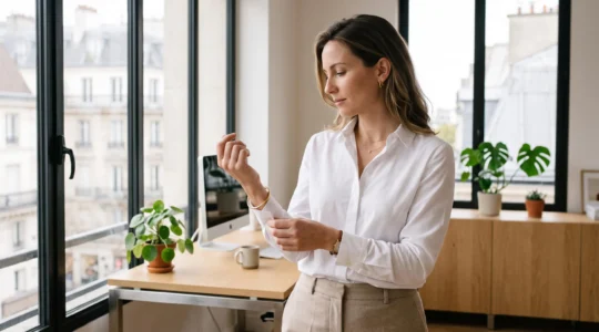Femme professionnelle dans bureau contemporain ajustant sa manchette, portant trois bijoux minimalistes dorés : créoles fines, collier chaîne délicate et bracelet jonc