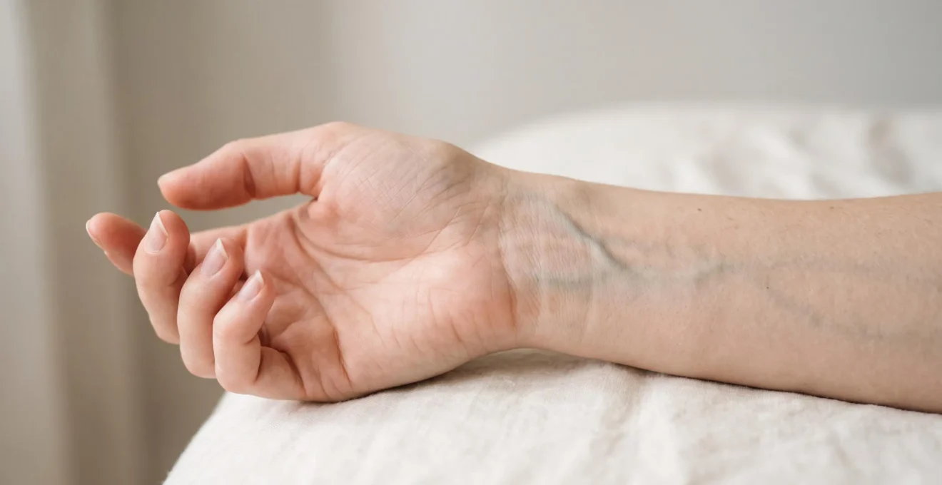 Gros plan sur la face interne d'un poignet féminin sous lumière naturelle montrant les veines bleutées visibles sous la peau